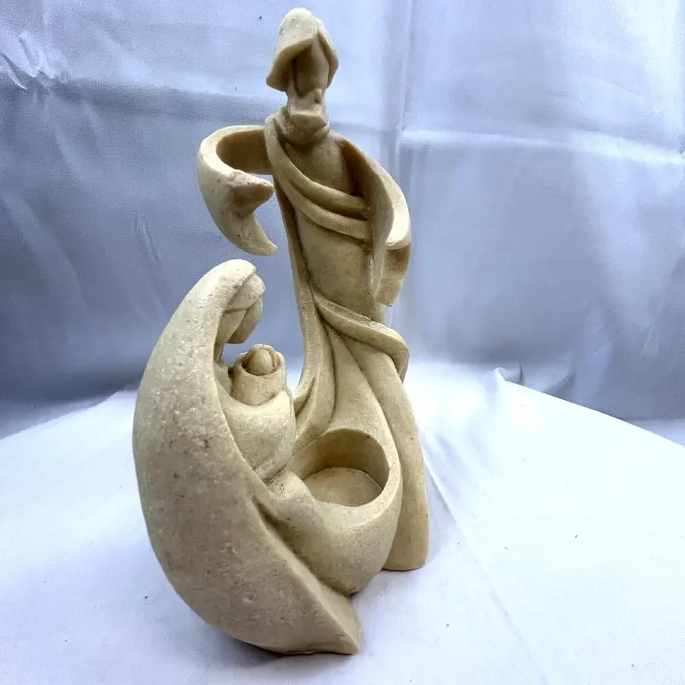 SKU2184 Holy Family Nativity Tea Light Candle Holder Mary Jesus Joseph Sandstone